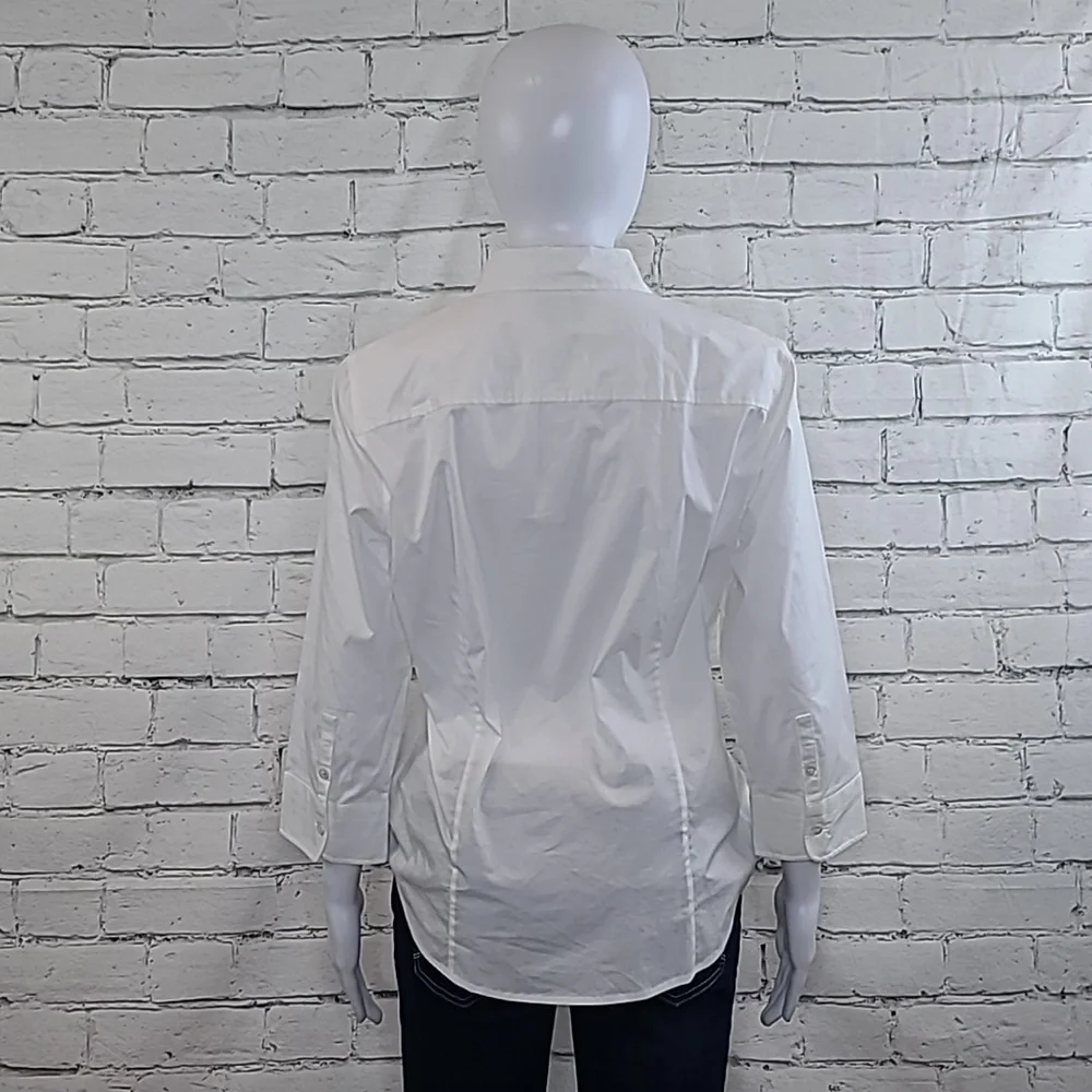 J Crew Stretch Cotton Perfect Fitted Button Front 3/4 Sleeve Blouse/Shirt White